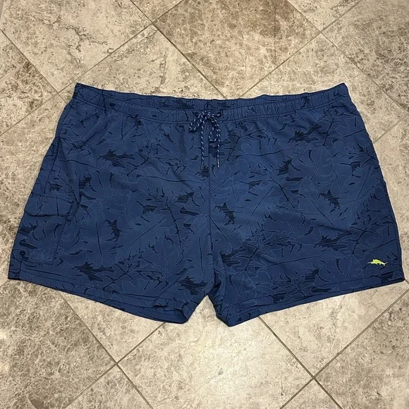Tommy Bahama Dark Blue Leaf Pattern Swim Trunks - Picture 2 of 14